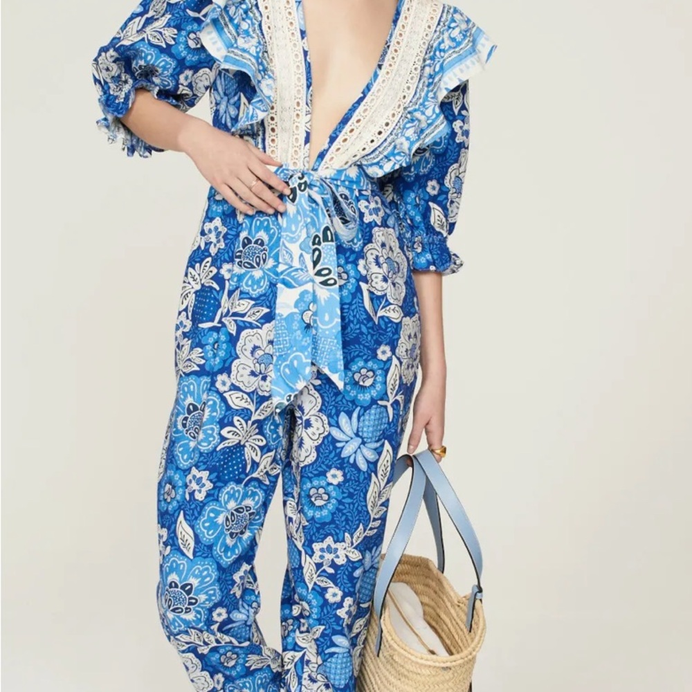 FARM Rio Blue and White Floral Jumpsuit with V-Neck